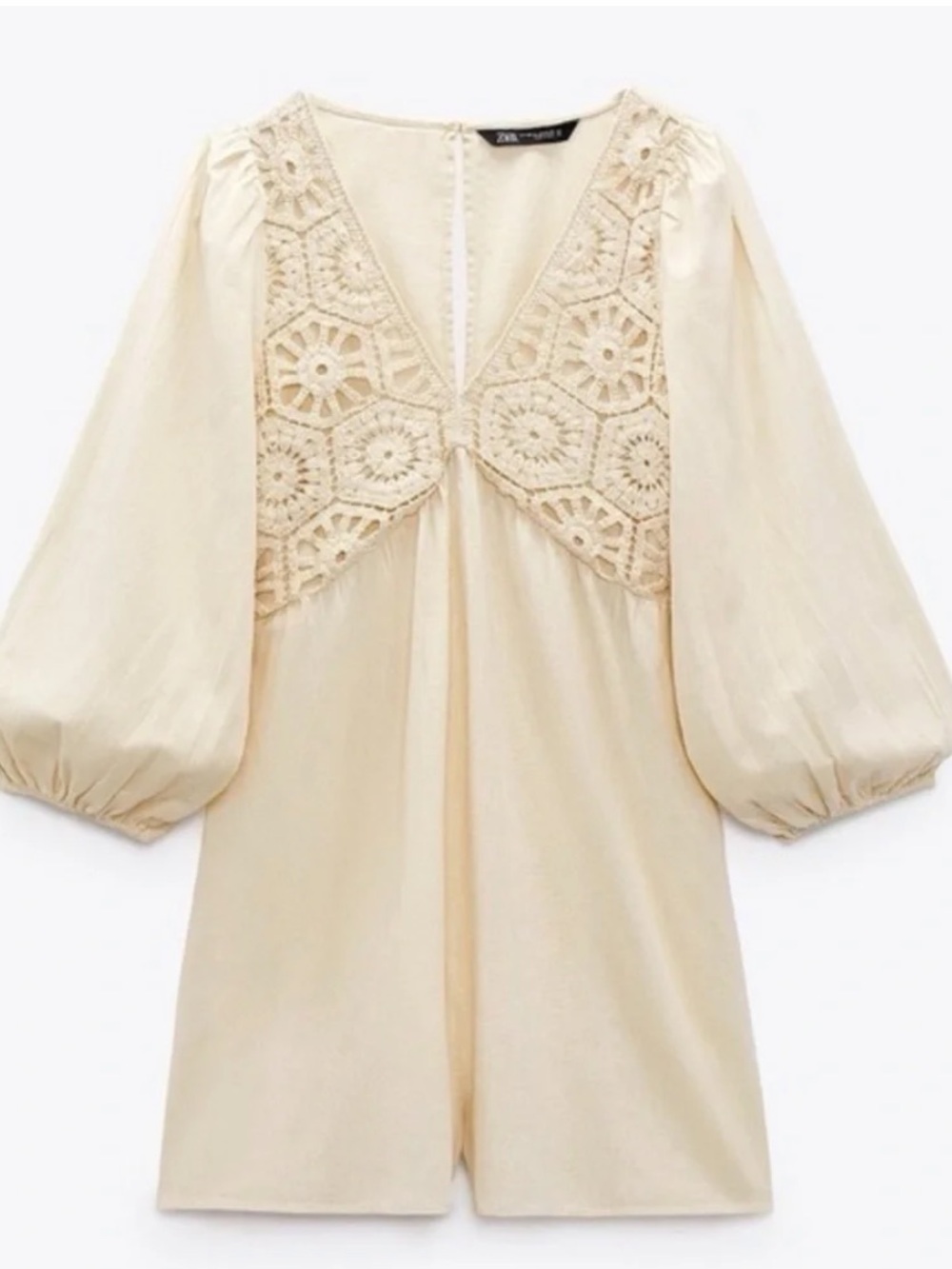 Zara NWT Crochet V-Neck Jumpsuit puff sleeve